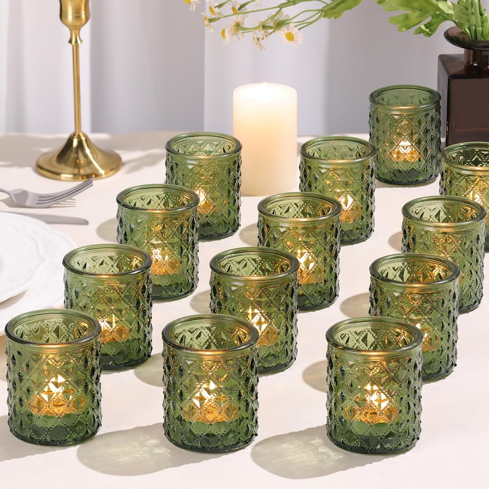 20 Pcs Votive Candle Holders, Green Glass Candle Holder for Wedding Table Cen...