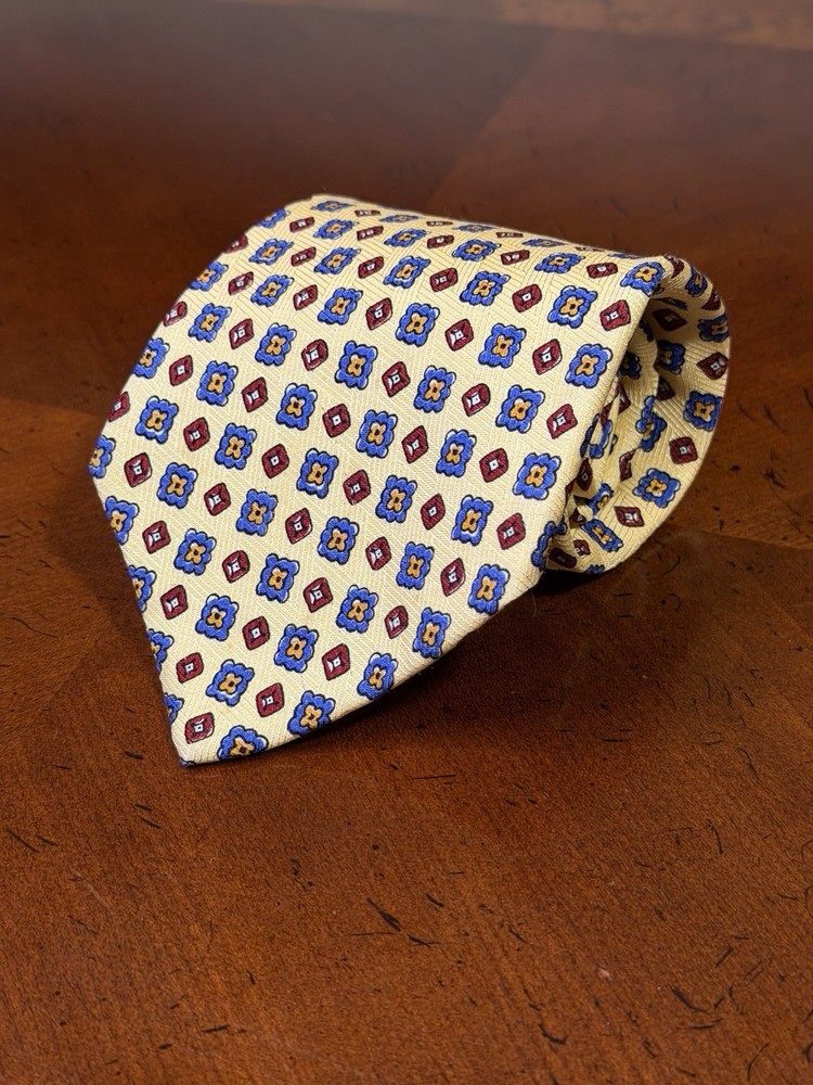 Polo Ralph Lauren Men's Tie 100% Silk, Made In USA Yellow Geometric