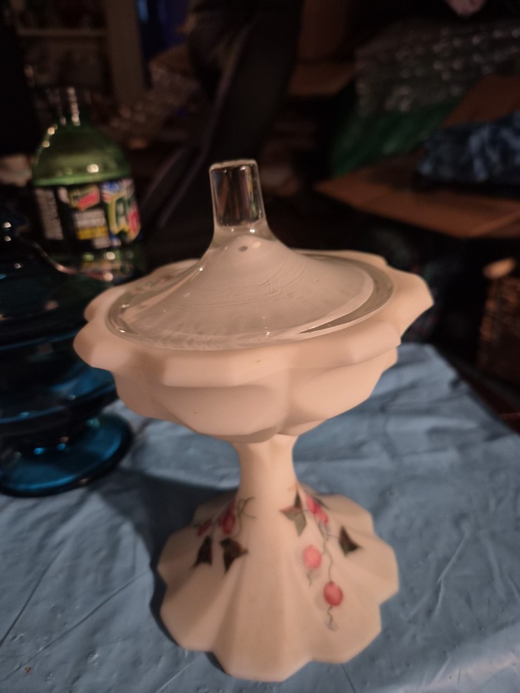 Vintage fenton Art glass Candy Dish  with Lid And Hand Painted Red...