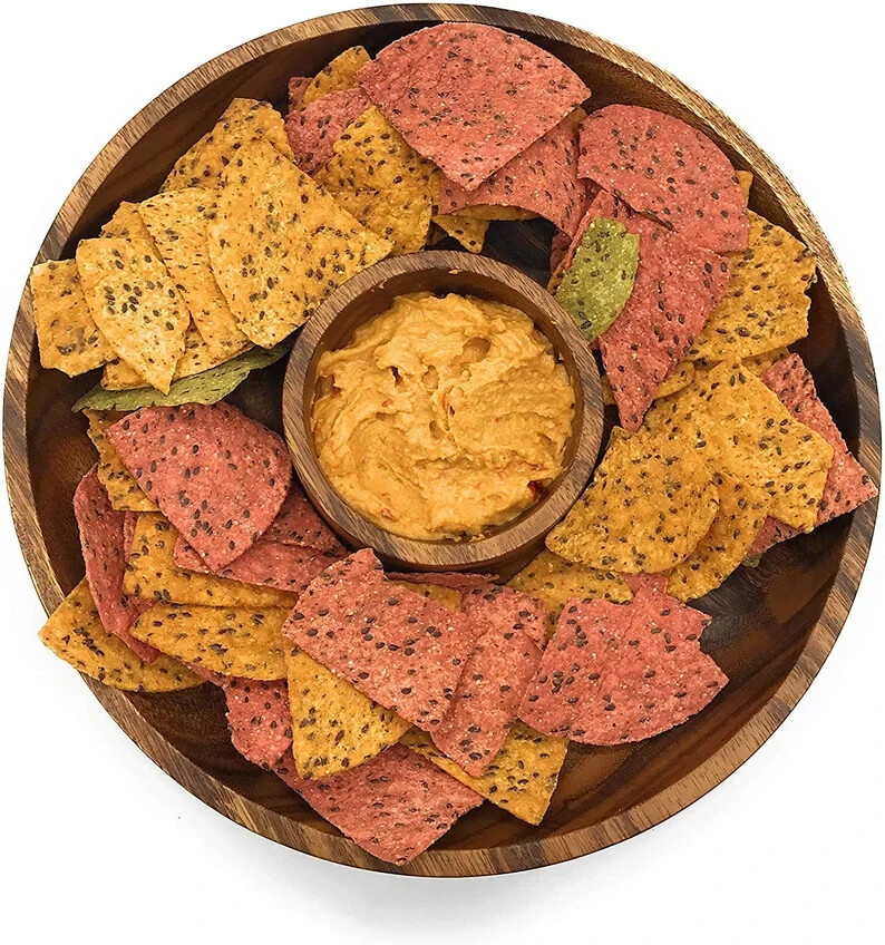 Acacia Wood Chip Dip Salsa Bowl Tray 10 Inch Diameter 1.5 Inch Thick  -image