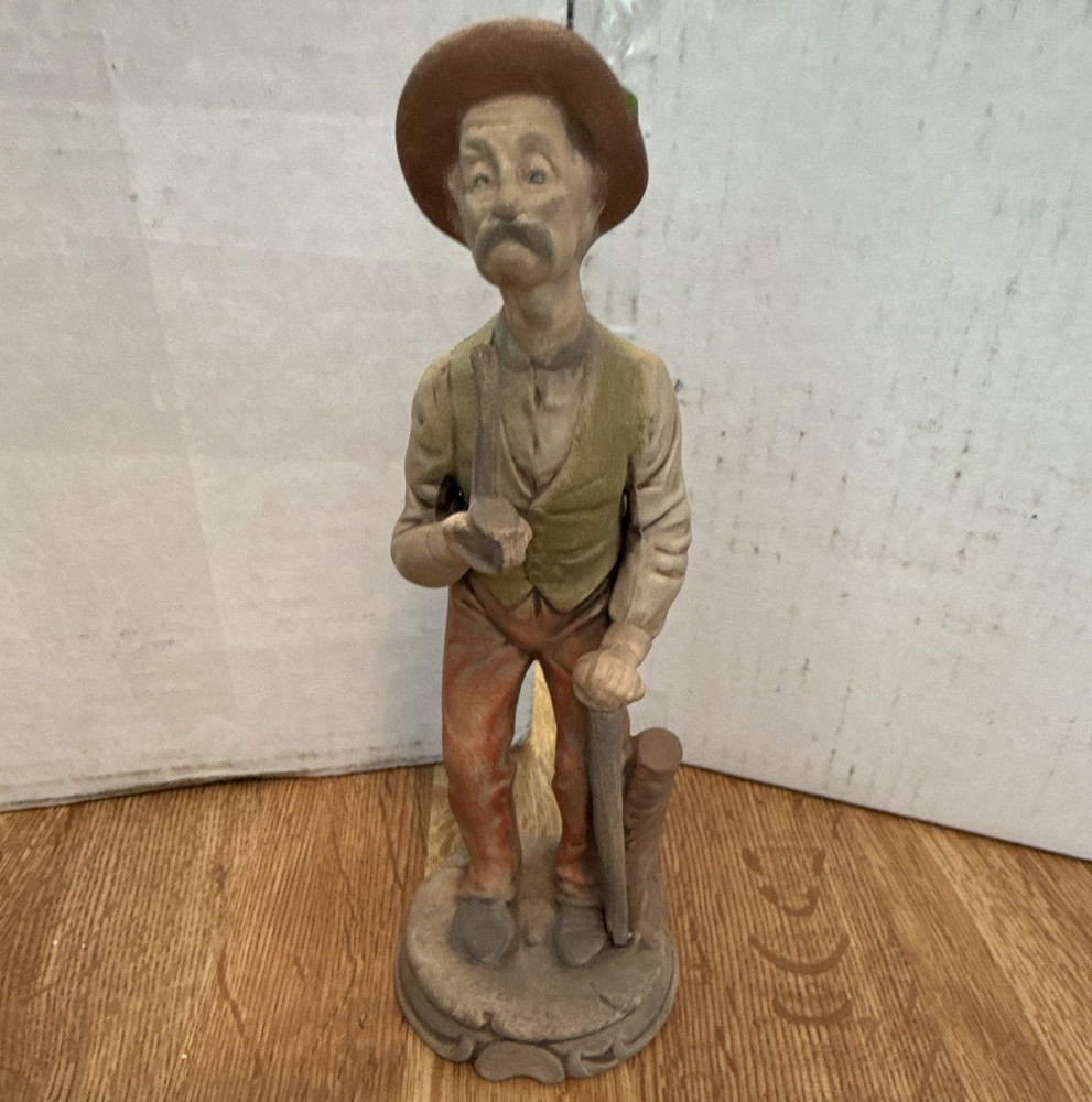 Painted Ceramic Man Figurine Statue Multicolor People Theme Hat Holding Cane