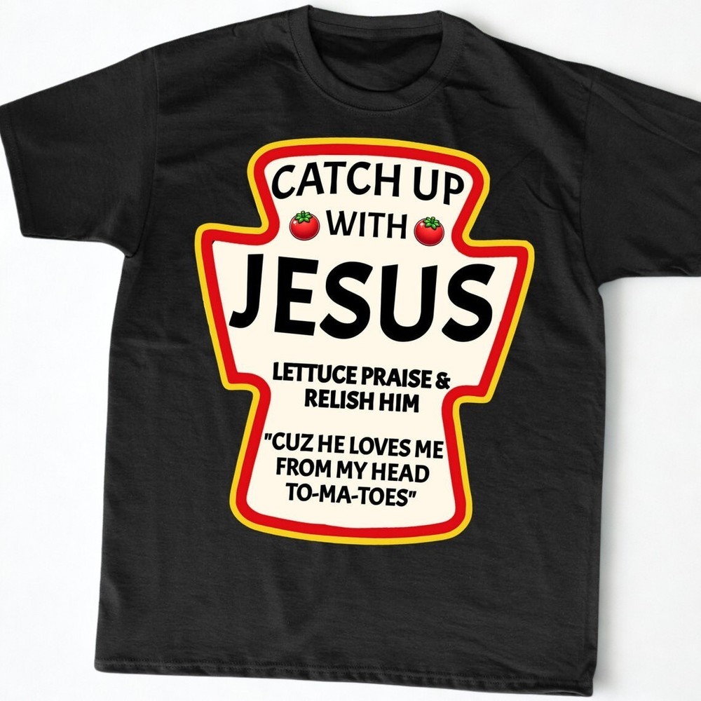 Catch Up With Jesus Funny Christian Ketchup T-Shirt Faith Humor Religious