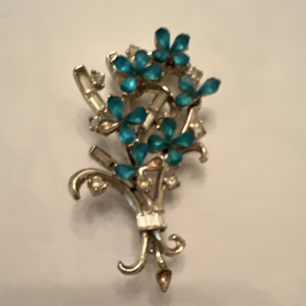 Blue Rhinestone  Bouquet Brooch Pin, Silver Tone Metal Flower, Missing few Stons