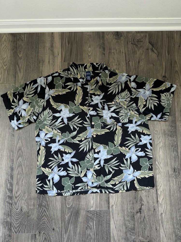 Basic Editions Men's XL Black Hawaiian Floral Button-Up Shirt Pocket