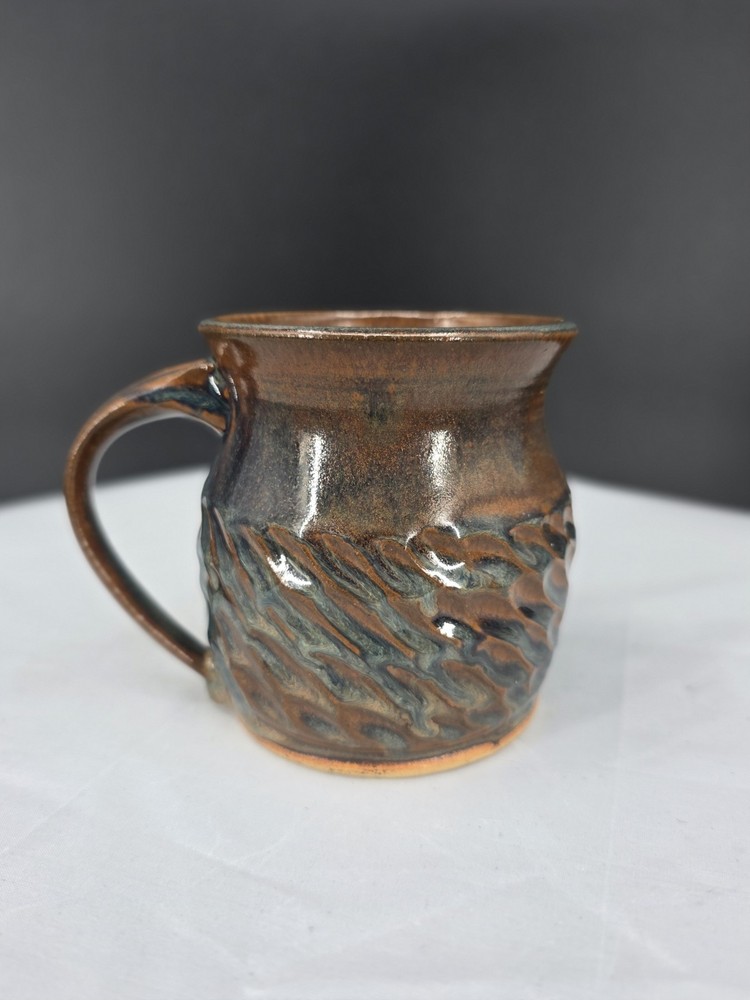 Hand Thrown Studio Pottery Mug Burst Carve Brown Blue Glaze Textured Stoneware