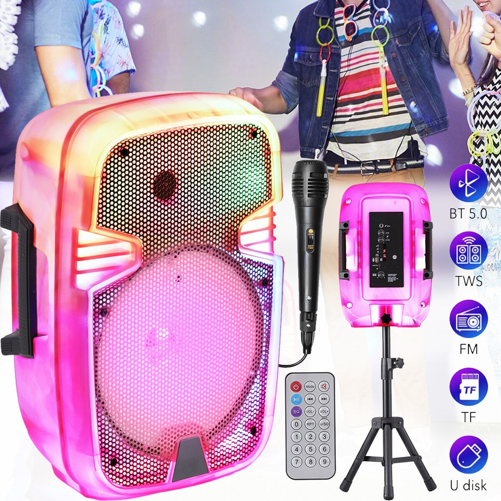 Portable Bluetooth Speaker 8” Subwoofer Heavy Bass Party DJ LED FM Mic w/ Stand