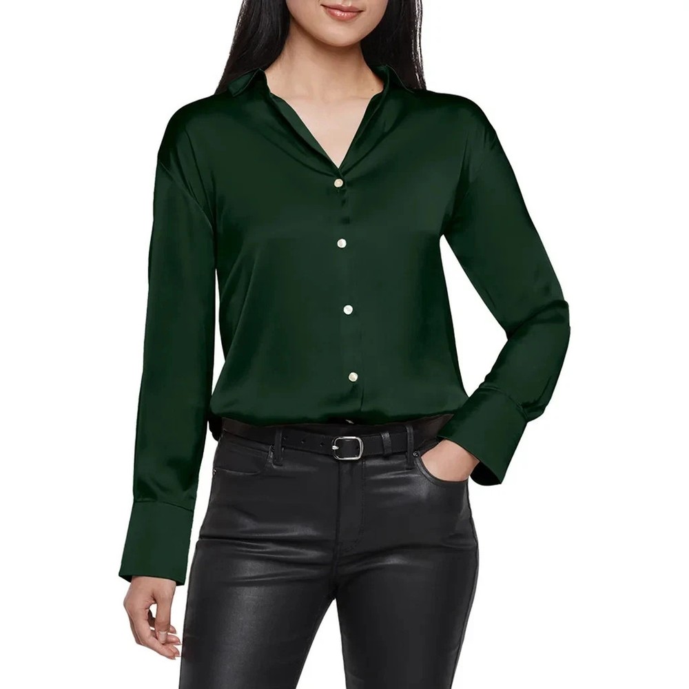 Express Women's Button Down V-Neck Long Sleeves Satin Shirt, Green, Size L