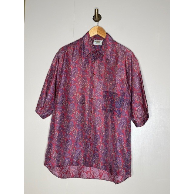 Vintage FU KA Mens Silk Paisley Button Down Shirt Purple Pink M