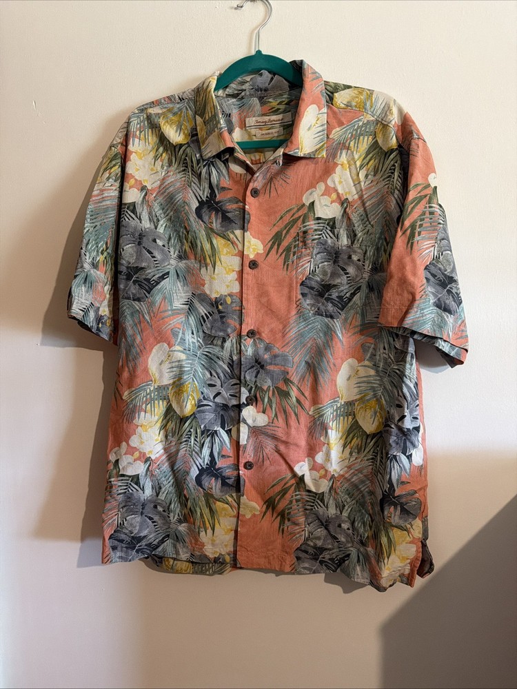 Tommy Bahama Men’s L Silk Pink Floral Hawaiian Button Up Shirt