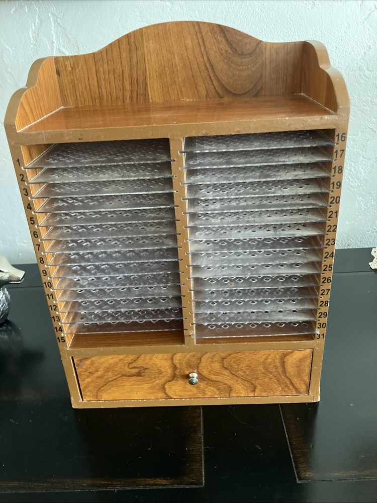 Vintage Wooden Monthly Mail Organizer with Drawer, Removable Slots 31 Day