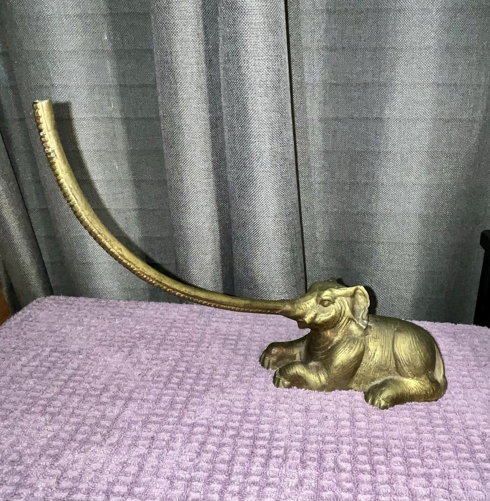 Vintage Brass Elephant Figurine w/ Long Curved Trunk Collectible Jewelry Holder