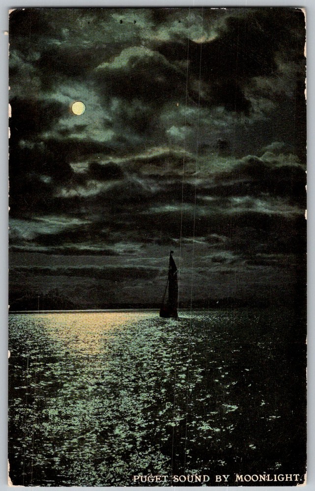 Antique Postcard Moonlight Seascape Sailboat Puget Sound, WA 1910s