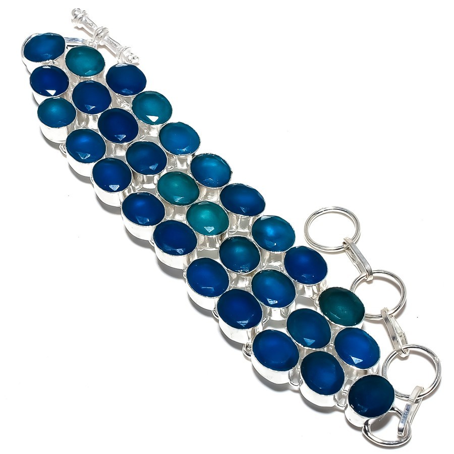 Blue Onyx Gemstone Handmade 925 Sterling Silver Bracelet 7-8