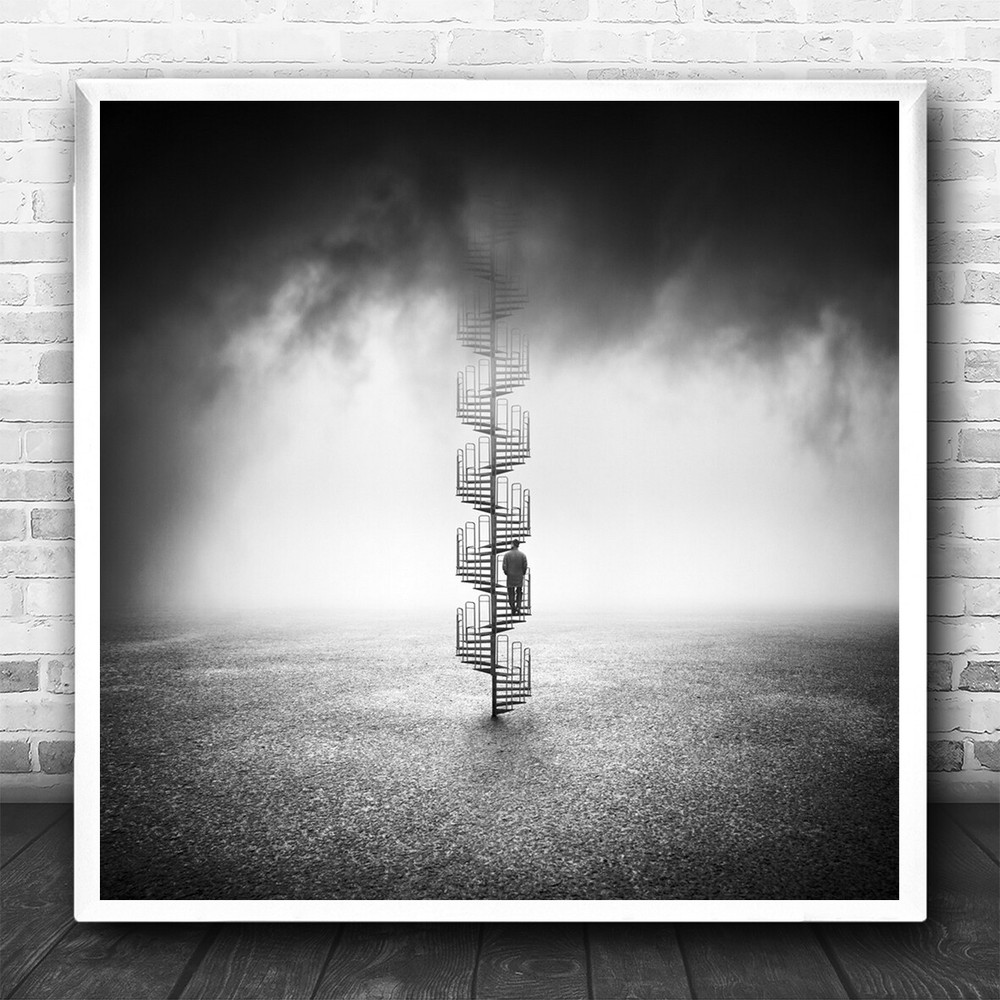 Stairs Person Sky Black And White Staircase Stairway Heaven Square Art Print