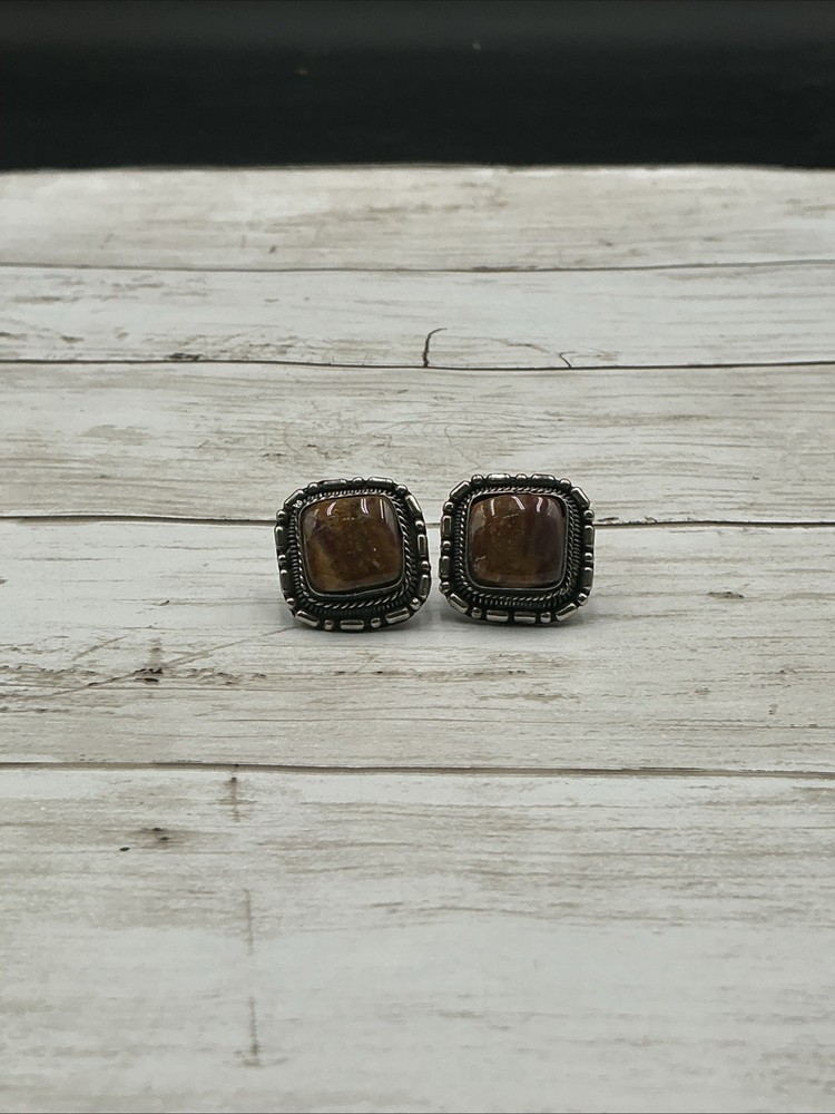 Vintage Silver Tone Polani Square Amber Cabochon Clip-On Stud Earrings
