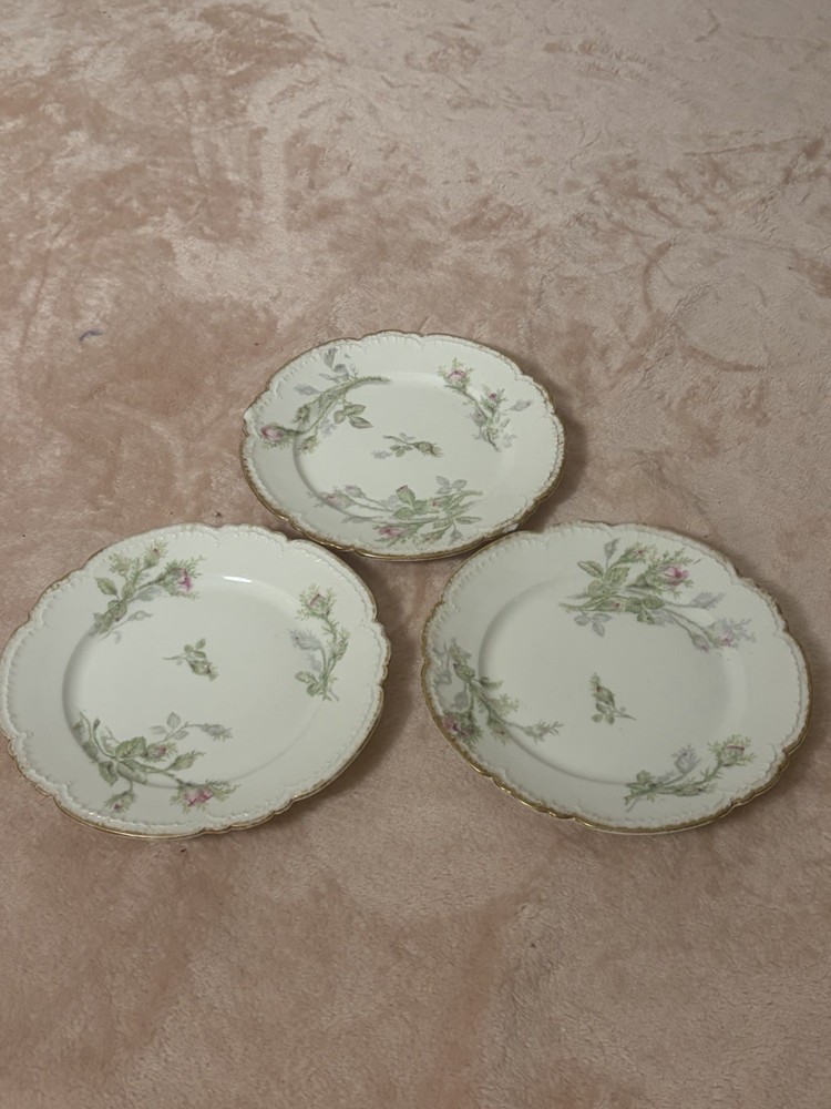 Set 3 Limoges France Floral Dessert Plates Gold Trim Scalloped Edge