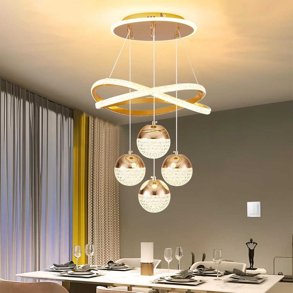 Modern Gold LED Chandeliers, 3-Color Dimmable Pendant Light for Kitchen Island