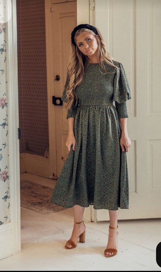 Jessakae Midi Dress Freya Green Large L Puff Sleeve Smocked Cottagecore Romantic