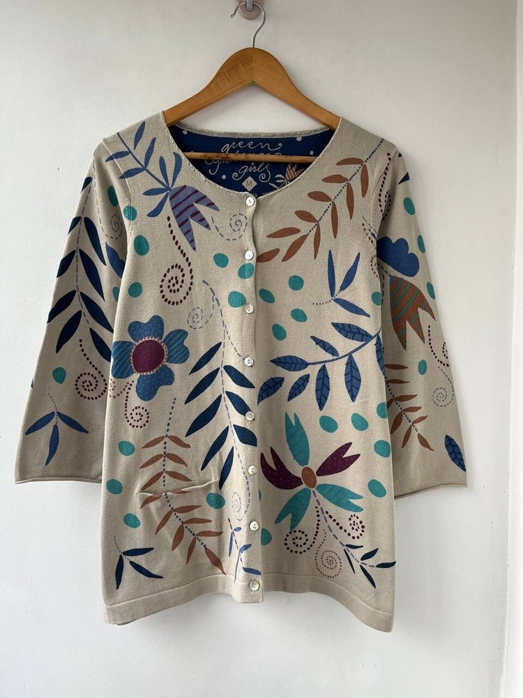 Gudrun Sjoden Cirrus Blouse Size M 100% Organic Cotton Grey with Flowers