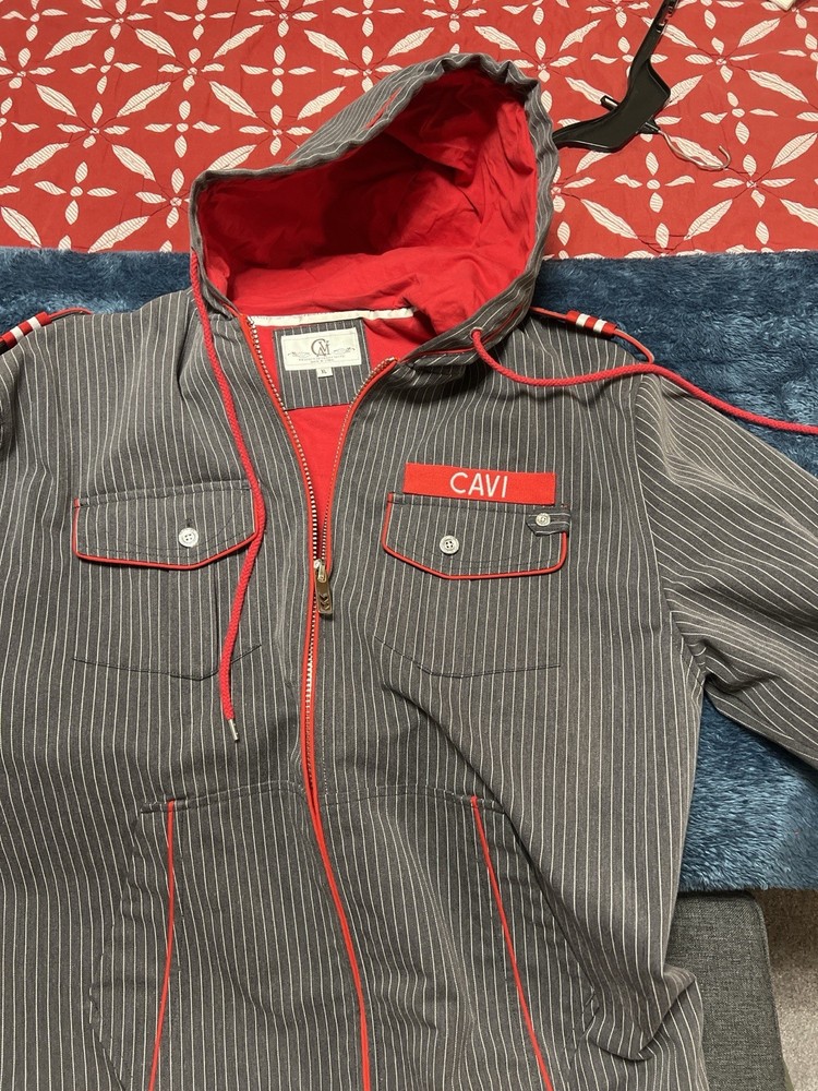 CAVI Men’s Hooded Zip-Up Jacket – Gray Pinstripe with Red Accents
