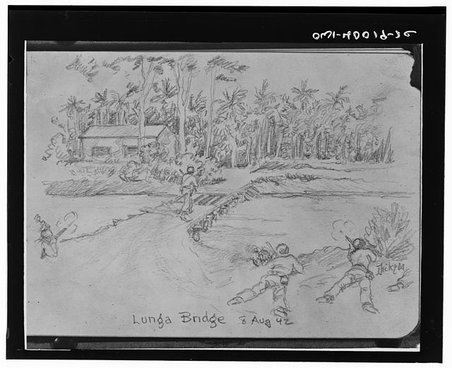 Photo:Lunga Bridge Solomon Islands 1942 WWII Sketch Soldiers