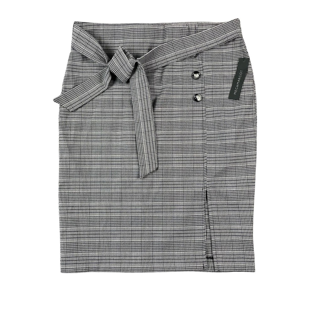 MEG & MARGOT NEW Women's Plaid Gray Skirt Elastic Waist Front Side Slit Size L.