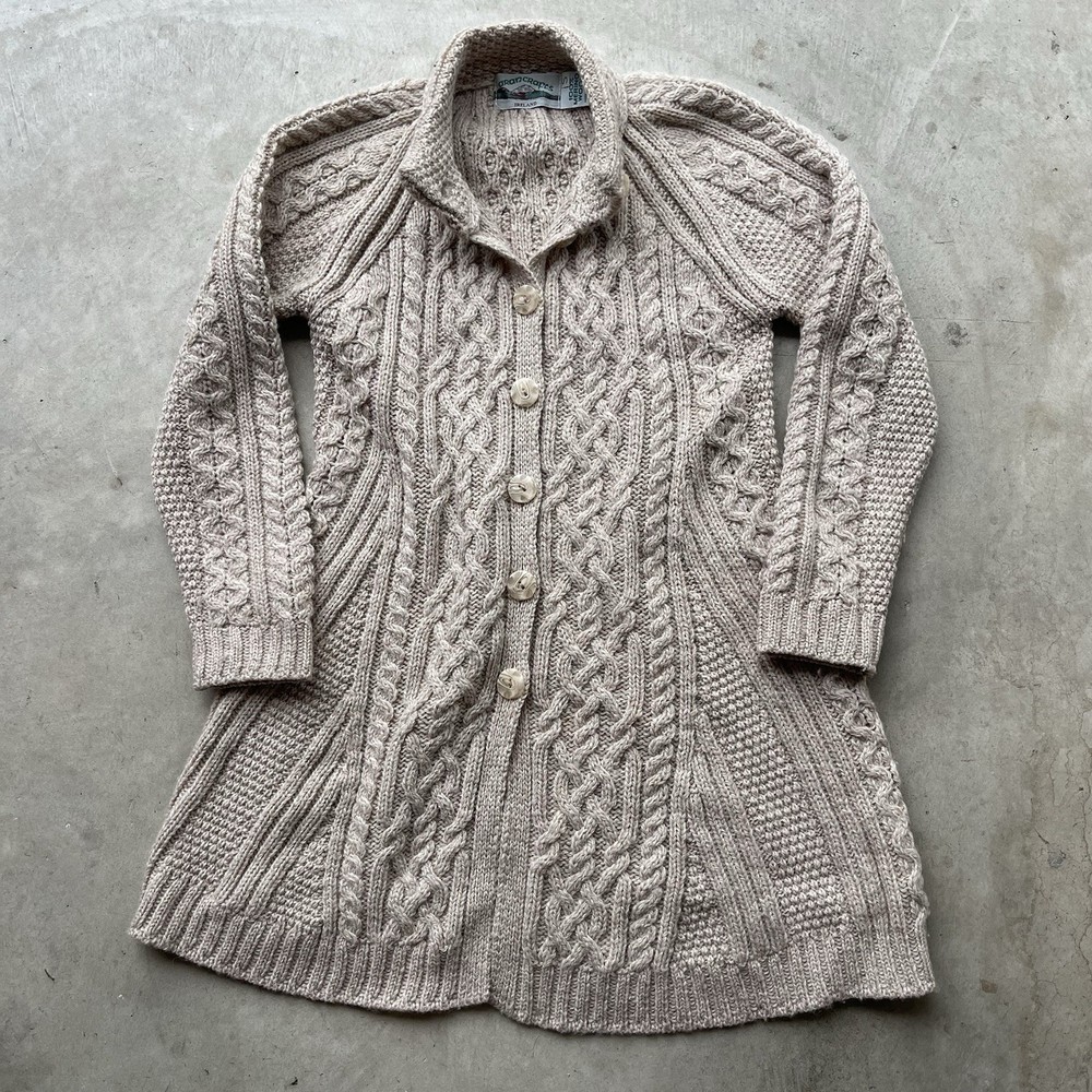 Vintage Aran Crafts Merino Wool Cable Knit Cardigan Sweater Dress Brown S