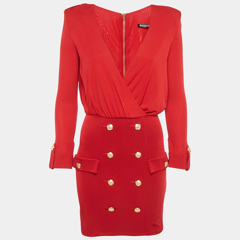 Balmain Red Jersey Knit Plunge Neck Button Detailed Mini Dress S