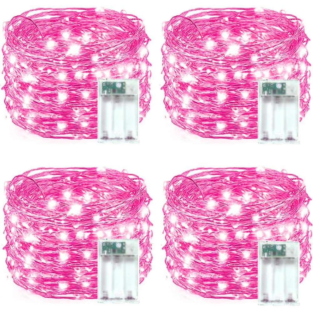 4-Pack 20ft 60 LED Battery Operated Pink Fairy String Lights w/ Timer Waterproof