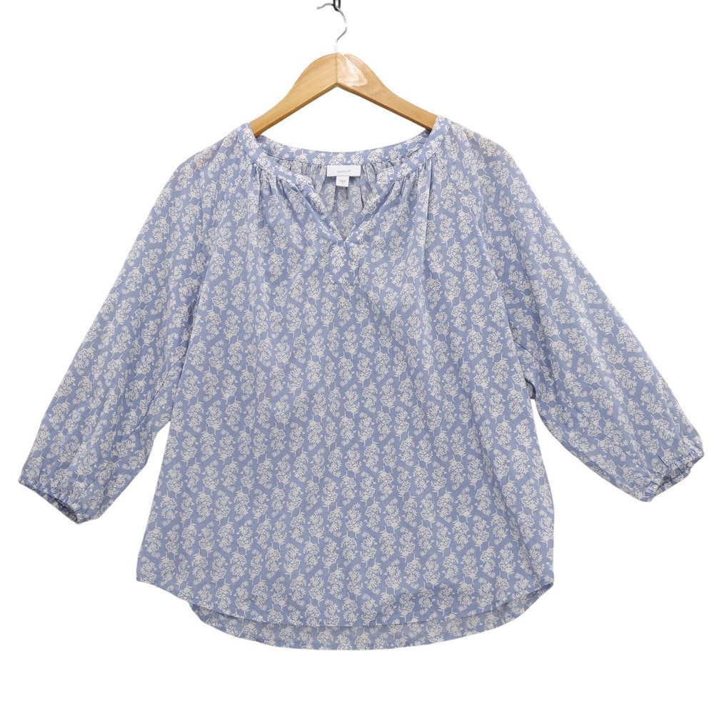 Pure Jill Blouse Womens S Blue Floral Cotton 3/4 Sleeve Split Neck Top