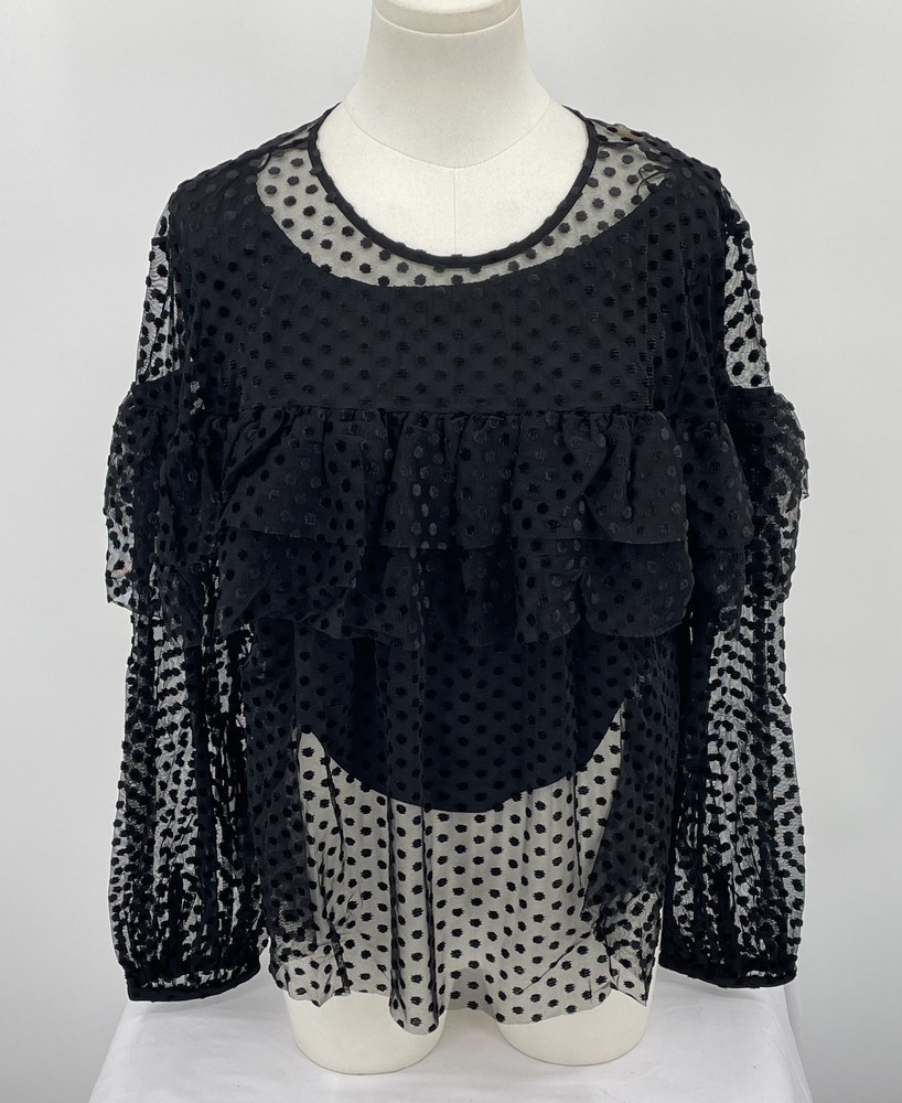 Ba&sh Women Top Black Size 6 Raff Fishnet Blouse Sheer Polka Dot Layered Ruffles