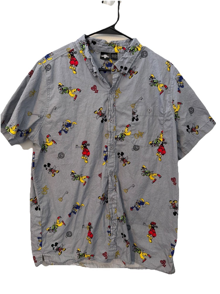 Kingdom Hearts Button Up Short Sleeve Shirt Donald Goofy Mickey Sora XL Gray