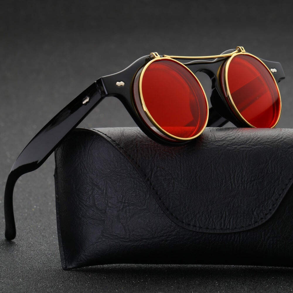 Retro Round Steampunk Sunglasses for Women: Fashionable Metal Frame with Flip Co