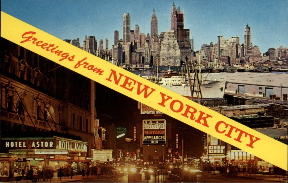 Greetings New York City ~ Hotel Astor Admiral TV night Times Square postcard