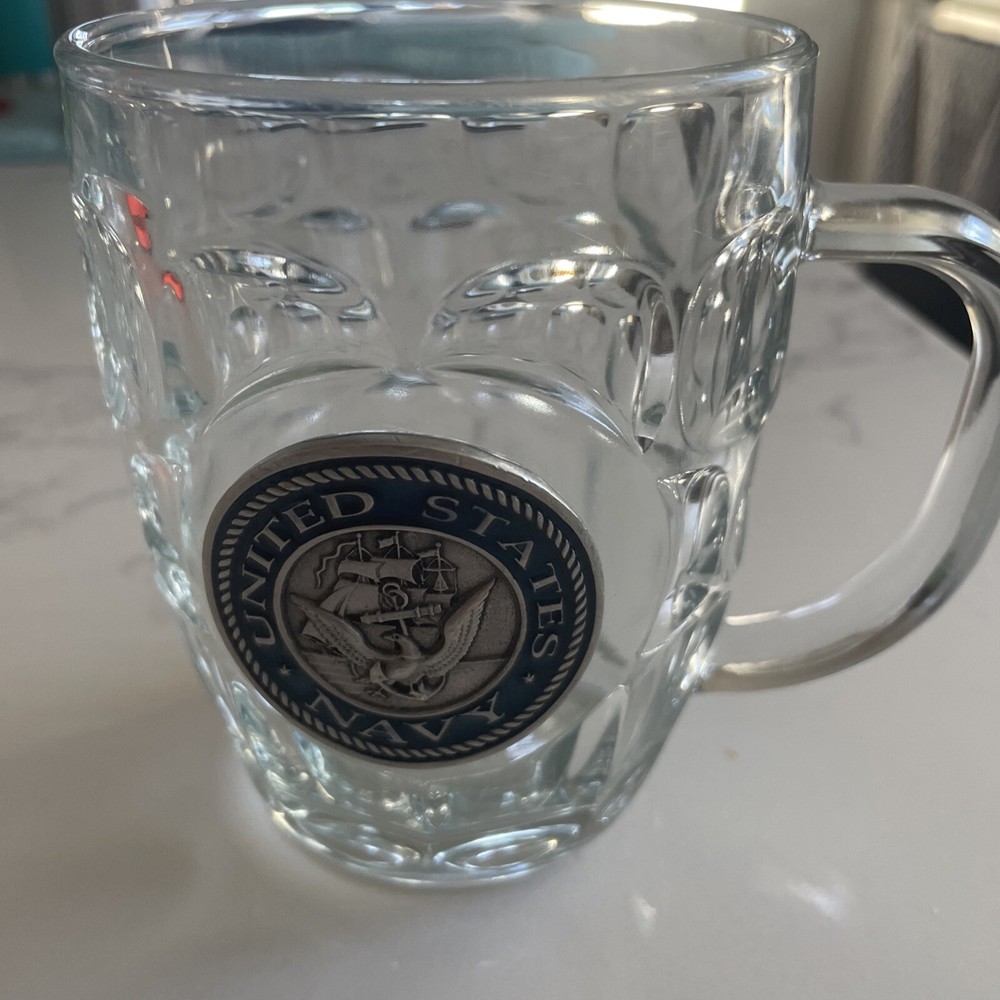 US Navy Pewter Logo on Clear Glass Beer Stein Mug Military Luminarc USA
