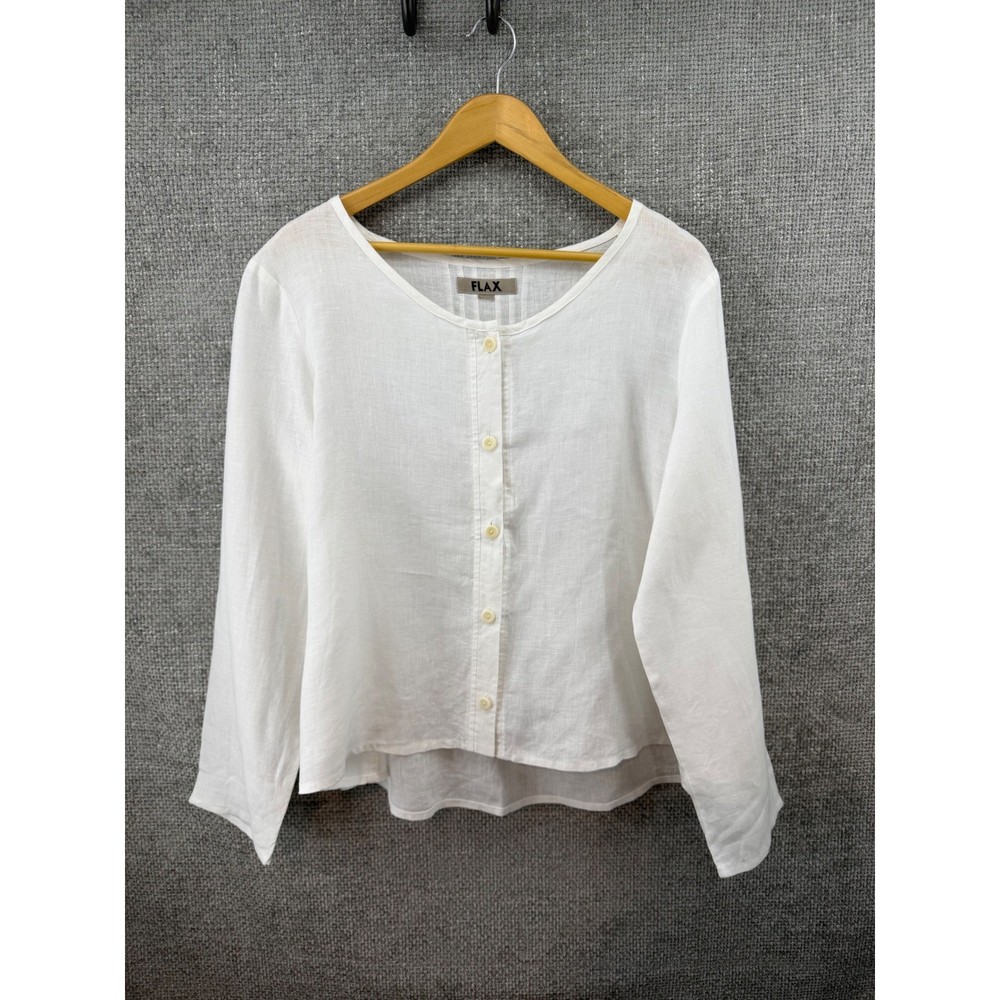 FLAX Women's Med? White 100% Linen Button Front Blouse Pintuck Back Boho Beach