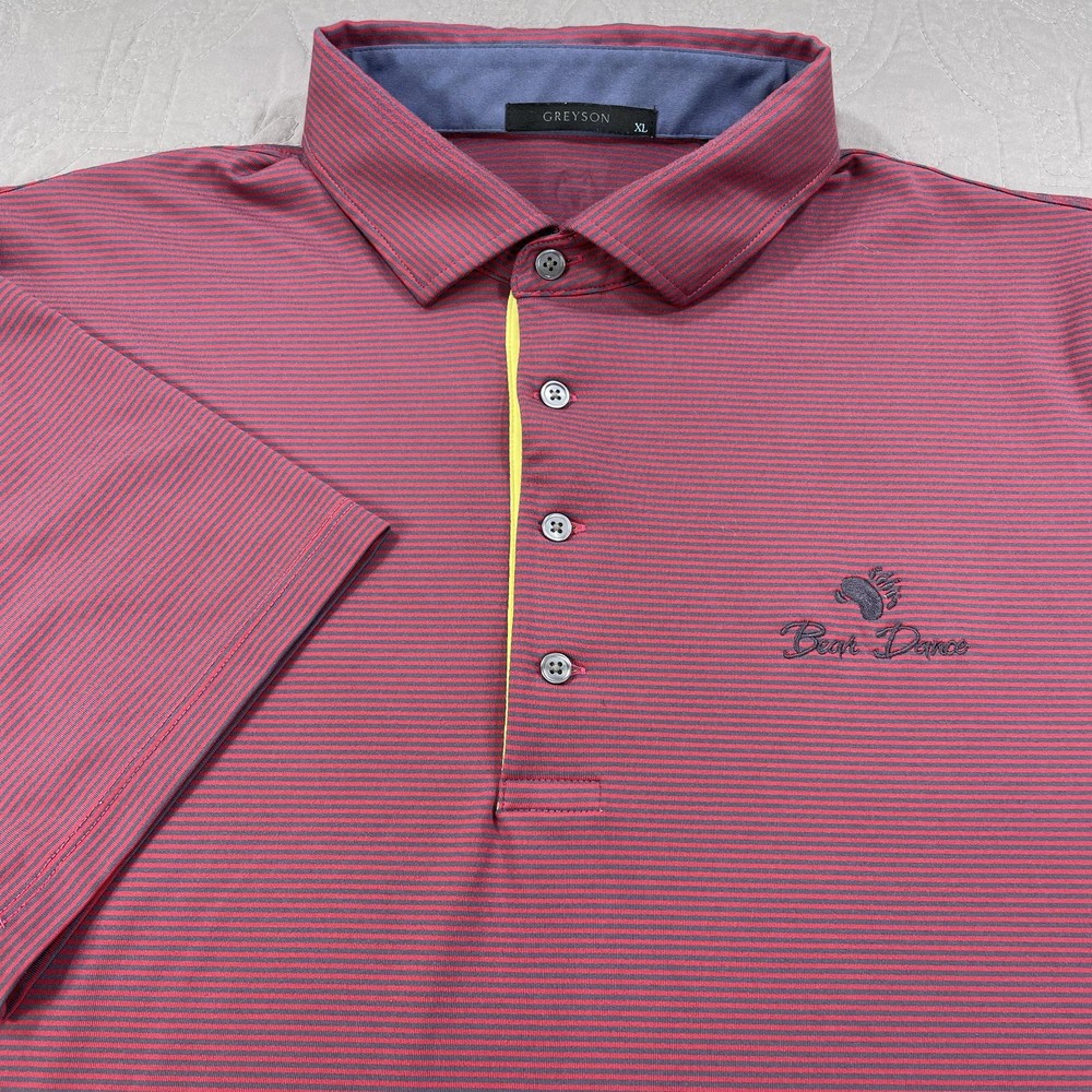 Greyson Polo Shirt Mens XL Red Navy Stripe Bear Dance Golf Performance Stretch