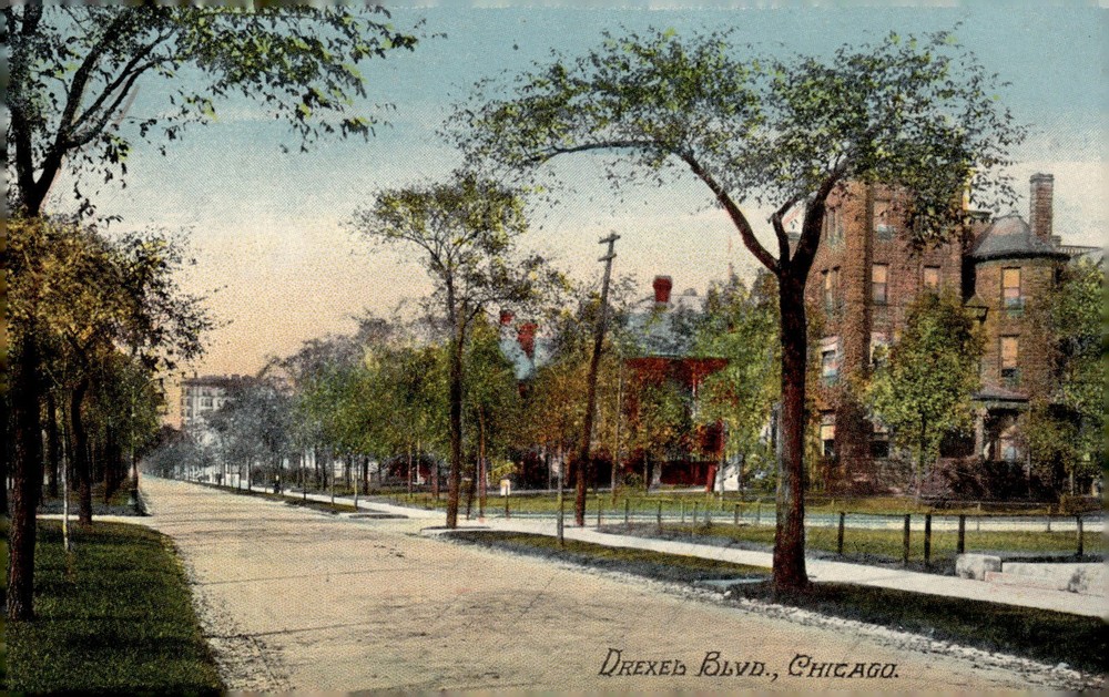 C1910 Drexel Blvd Chicago Illinois Victorian Litho Hand-Colored Postcard