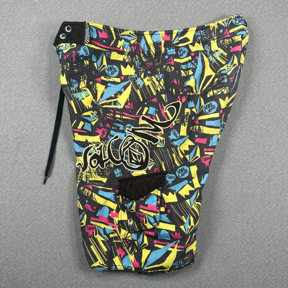 Y2K Volcom Board Shorts Mens 34 Black Neon Abstract Graphic Print Surf Trunks-image