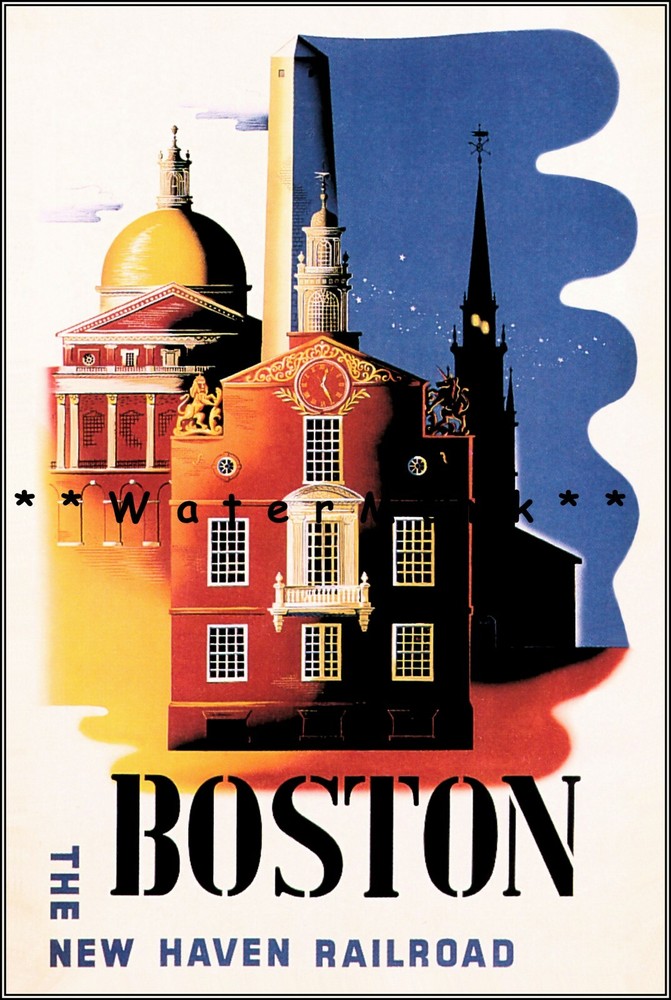1942 Boston Massachusetts Railroad Vintage Poster Retro Train Travel Art