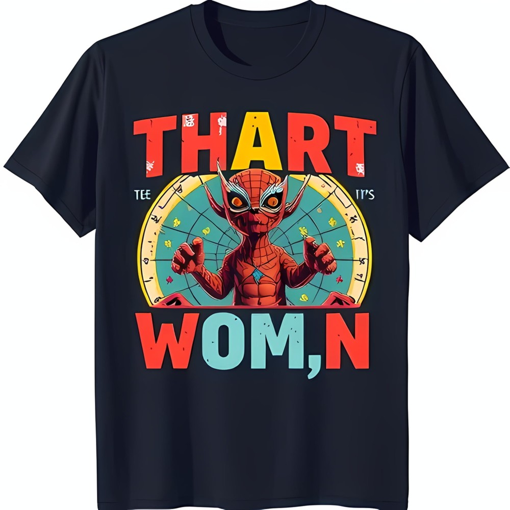 Funny Cartoon Creature T-Shirt 'That Art Wom n' with Dartboard Graphic Blue Tee