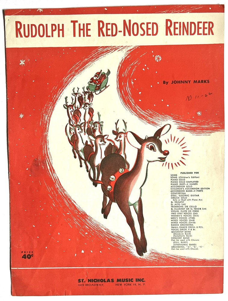 RUDOLPH THE RED NOSED REINDEER Sheet Music Johnny Marks St Nicholas Music 1949