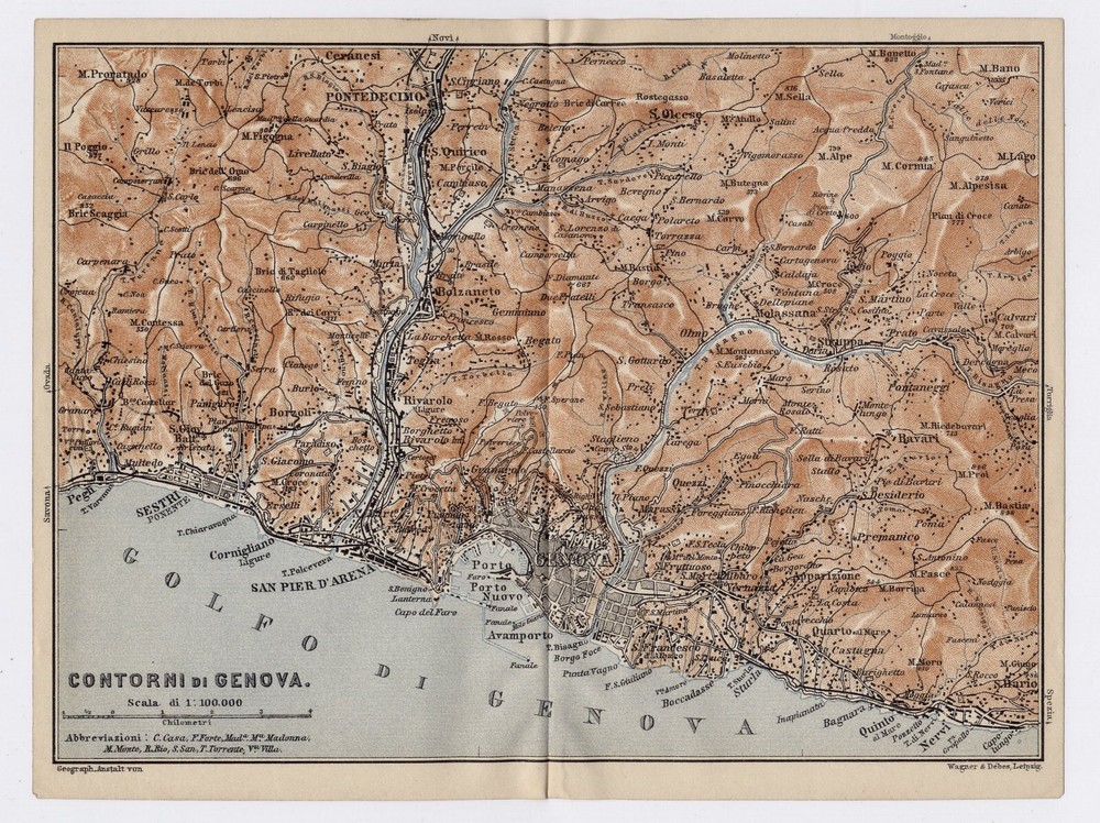 1908 Original Antique Map Of Vicinity Of Genoa Contorni Di Genova / Italy