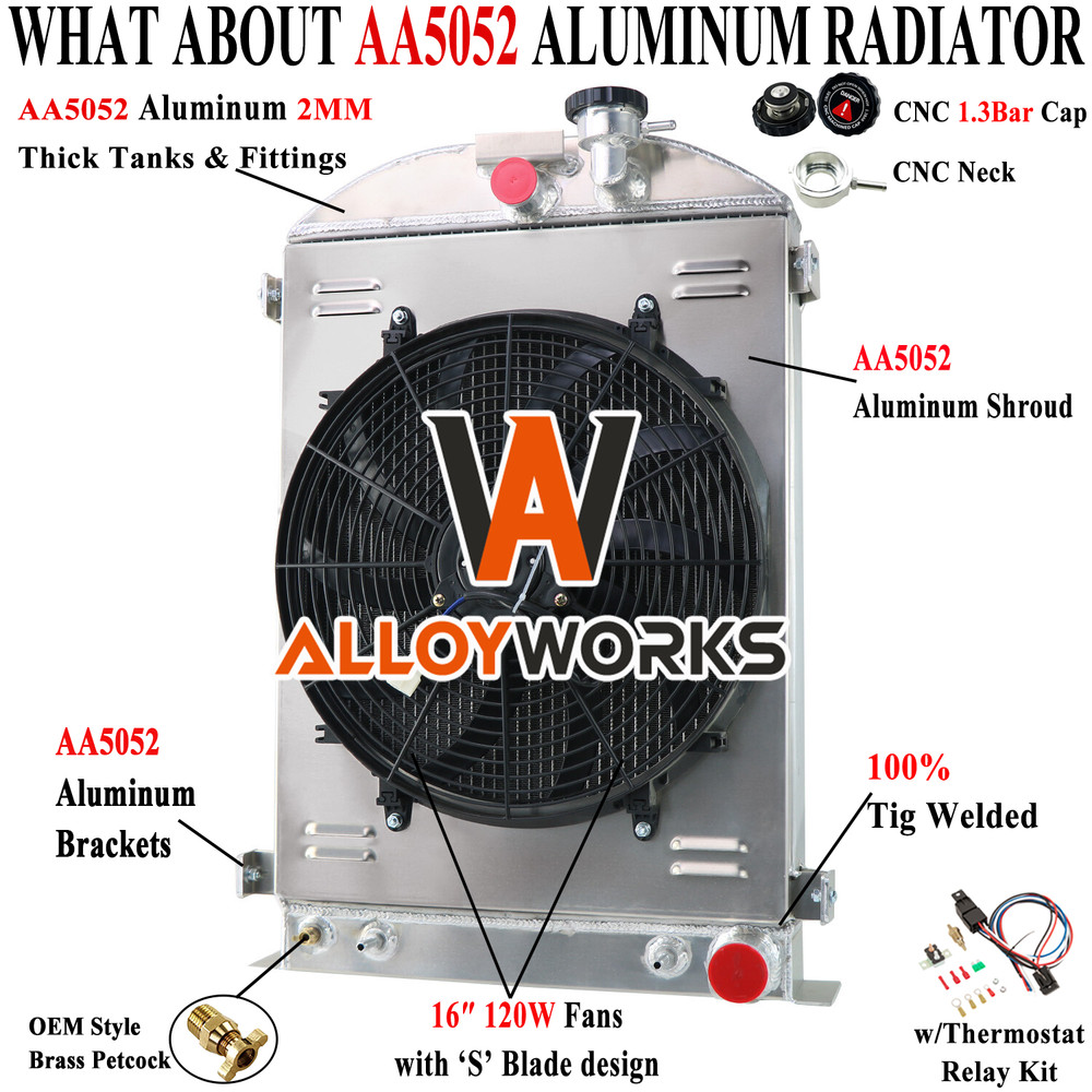 4 Row Aluminum Radiator Shroud Fan Fit 1935-1936 FORD MODEL A GM CHEVY V8 ENGINE