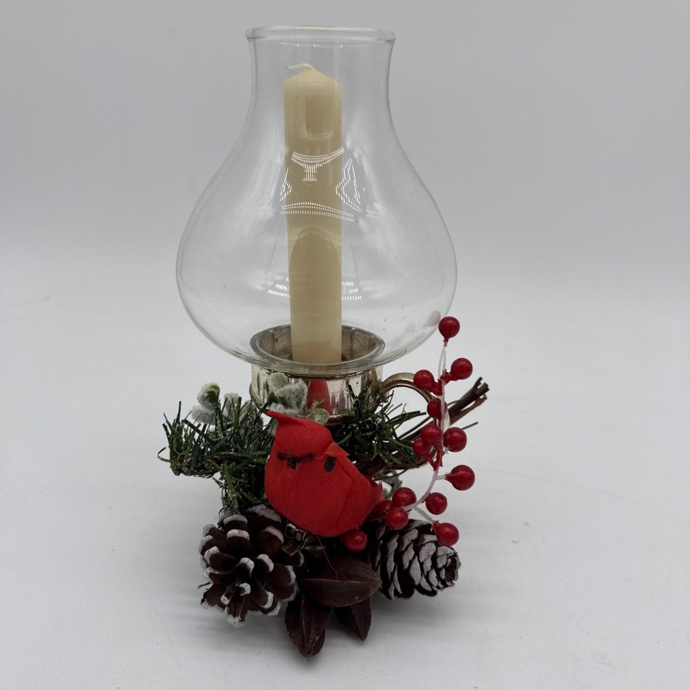Vintage Metal Candle Stick Holder Clear Hurricane Glass With Christmas Cardinal