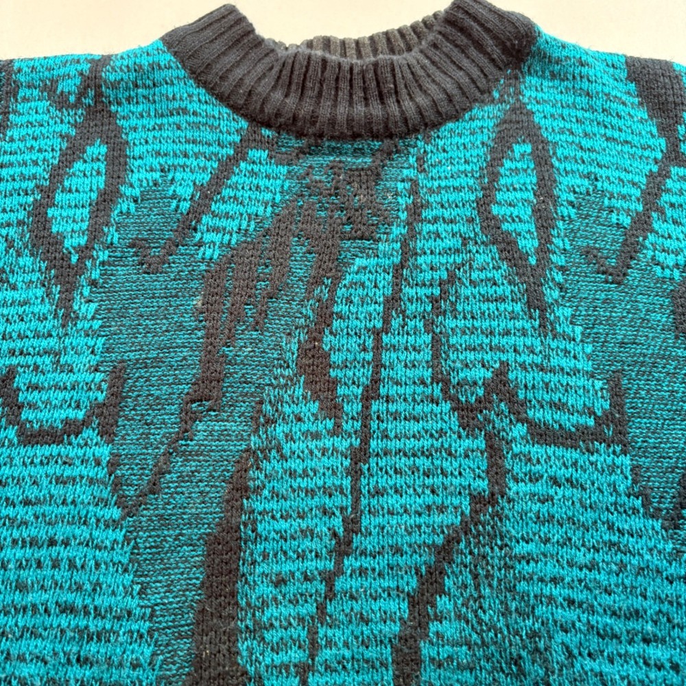 Skyline Vintage Graphic Sweater Mens Large Teal Black Abstract Knit Crewneck 90s-image