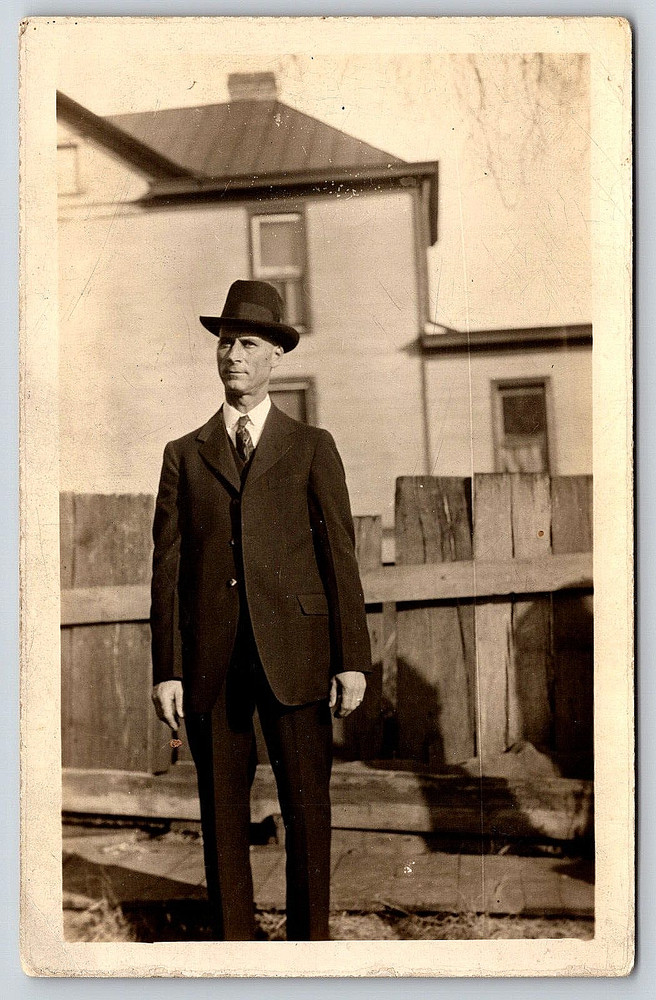 Vintage Old Outdoor Antique Real Photo Picture Image Man Suit Coat Tie Hat Home