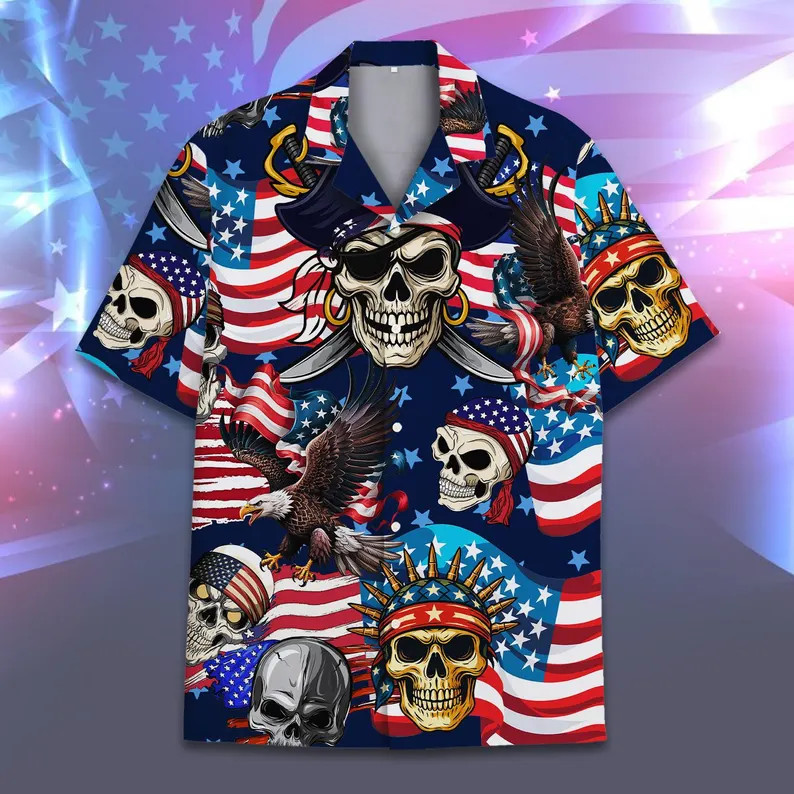 Patriotic Skull Pirate Hawaii Shirt Mens Aloha Beach Summer Vacation