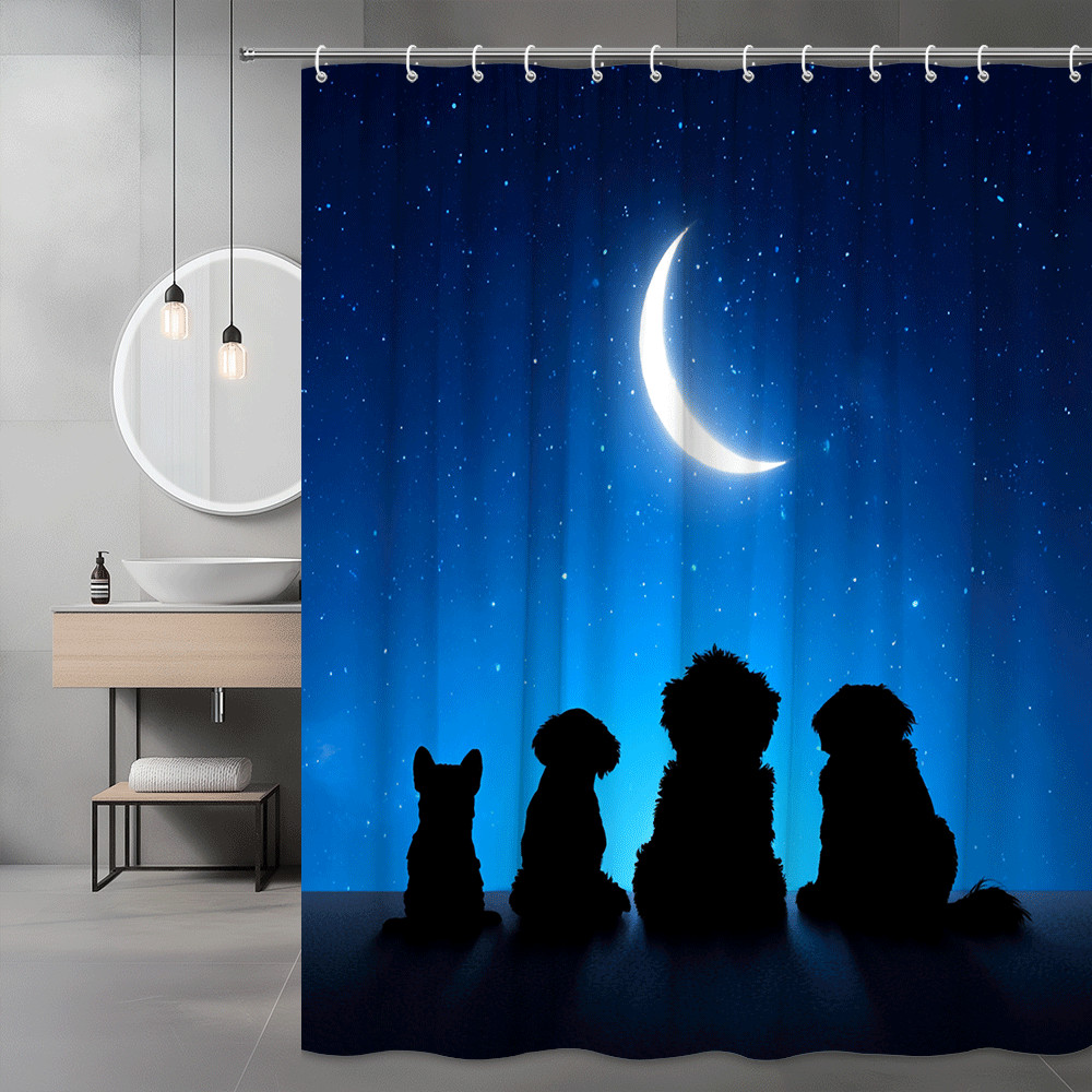 Moonlit Dogs Silhouette Shower Curtain Blue Night Sky