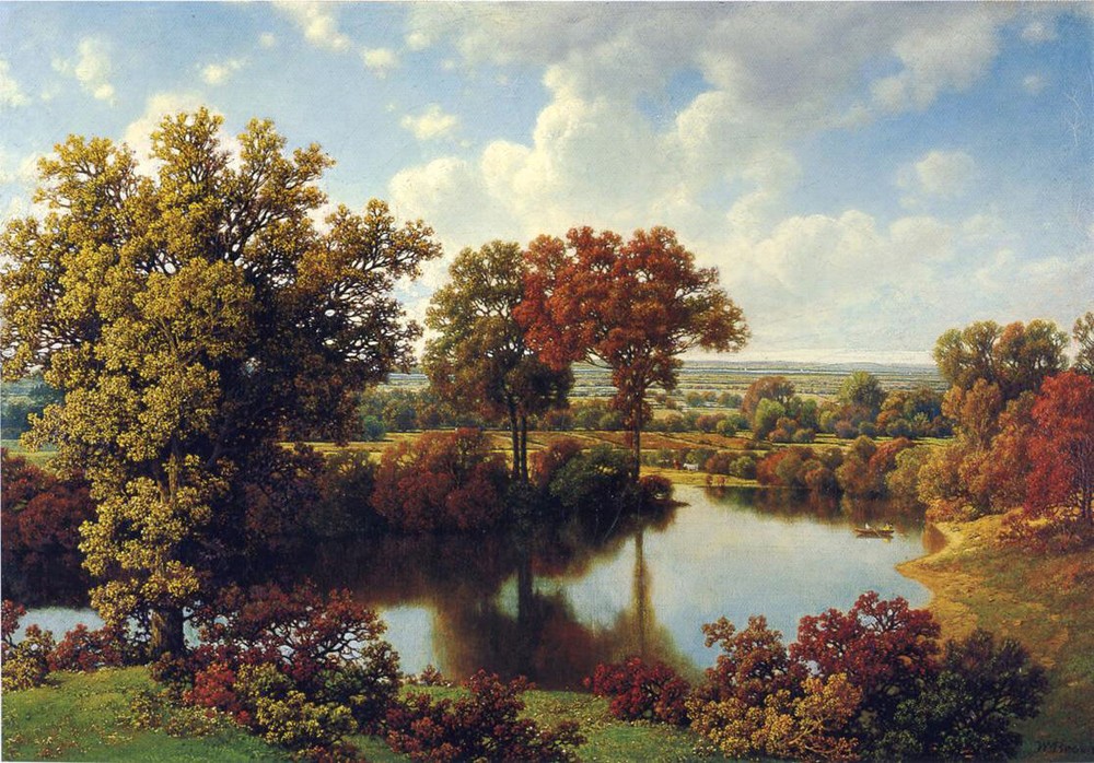 Oil painting field pond landscape Autumn-Reflections-William-Mason-Brown canvas